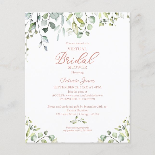 Greenery Virtual Bridal Shower Budget Invitations (Front)