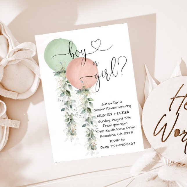 Greenery Watercolor Balloons Gender Reveal Invitat Invitation (Creator Uploaded)