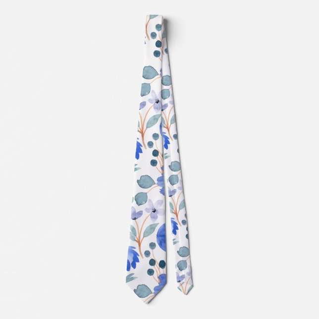 Greenery Watercolor Blue Floral Patten Tie (Front)
