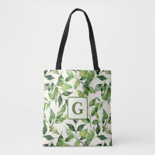 Greenery Watercolor Botanical Leaves monogram Tote Bag