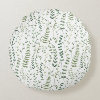 Greenery Watercolor Botanical Leaves Pattern Round Cushion