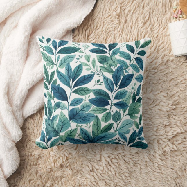 Greenery Watercolor Botanical Leaves Throw Pillow (Blanket)