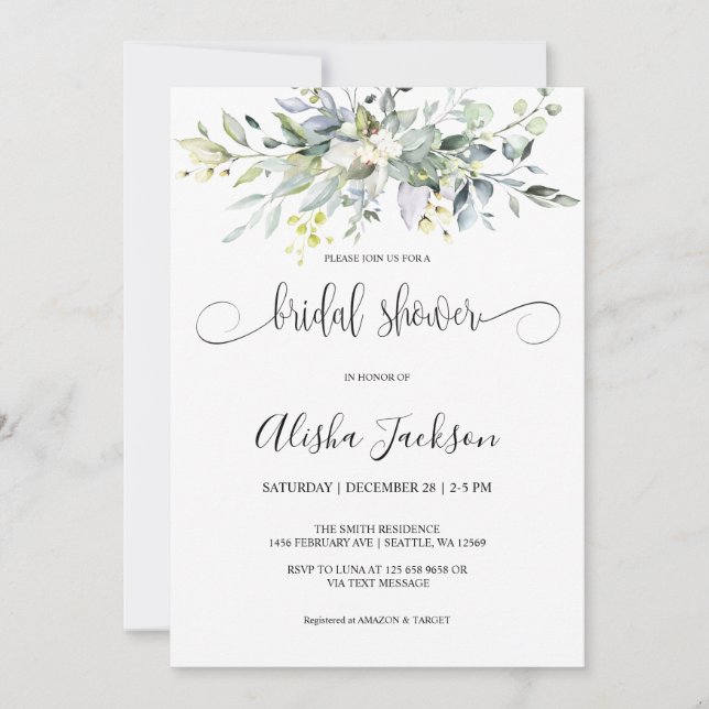  Greenery Watercolor Bridal Shower Invitation (Front)