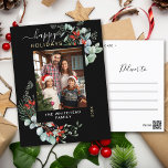 Greenery Watercolor Elegant Black Holiday Postcard<br><div class="desc">You will love these beautiful Christmas postcards! They feature botanical watercolor arrangements with mistletoe,  pine branches,  berries,  and babies breath.</div>
