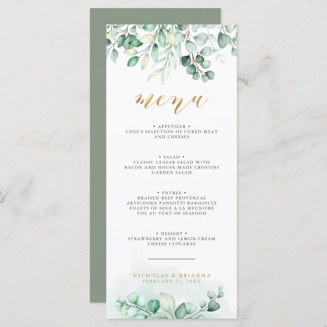Greenery Watercolor Eucalyptus Gold Wedding Dinner Menu (Front/Back)