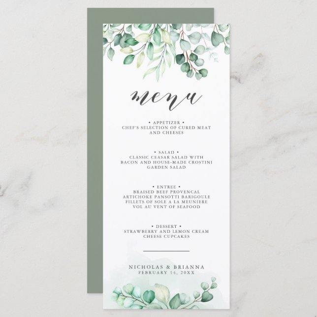 Greenery Watercolor Eucalyptus Wedding Dinner Menu (Front/Back)