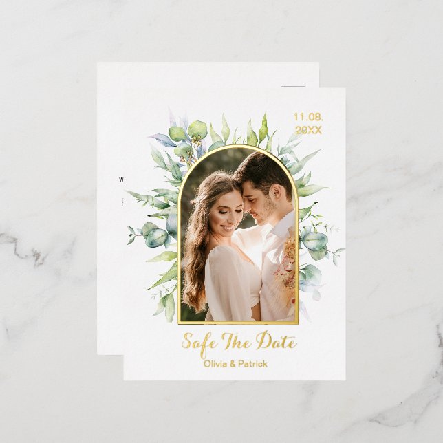 Greenery watercolor eucalyptus with photo  foil  f invitation postcard (Front/Back)