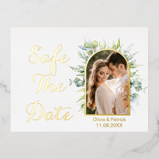 Greenery watercolor eucalyptus with photo  foil  foil invitation postcard (Front)