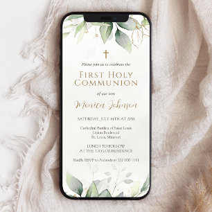 Greenery Watercolor First Communion Mobile Invite
