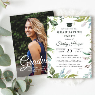 Greenery Watercolor Floral Photo Graduation Party Invitation