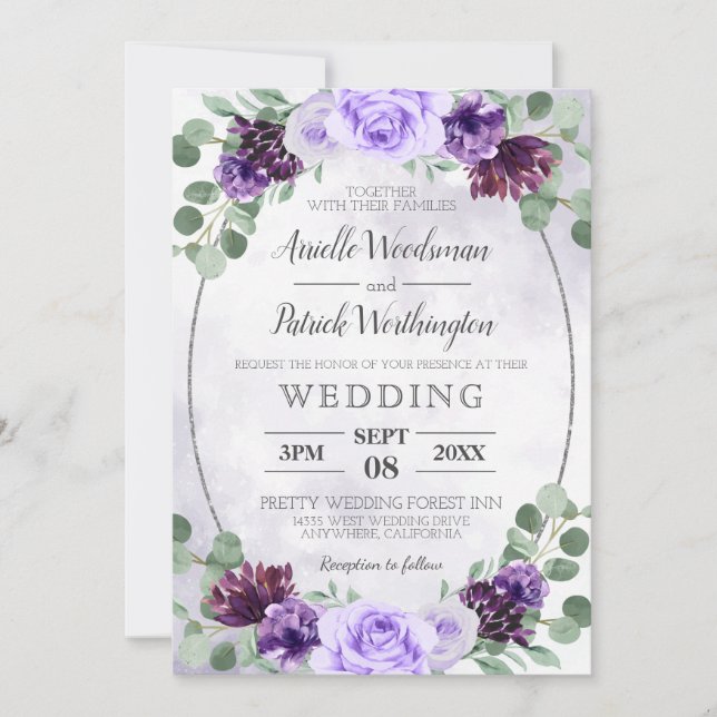 Greenery Watercolor Floral Purple Elegant Wedding Invitation (Front)