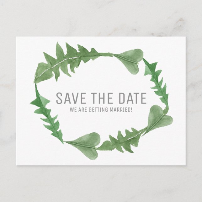 Greenery Watercolor Foliage Save the Date Announcement Postcard (Front)