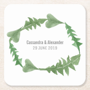 Greenery Watercolor Foliage Wedding Square Paper Coaster