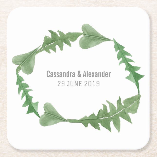 Greenery Watercolor Foliage Wedding Square Paper Coaster (Front)