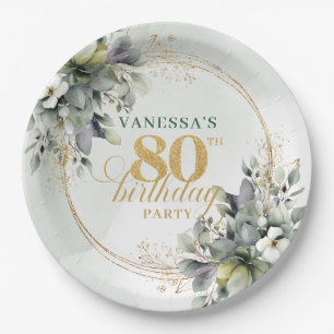 Greenery Watercolor Gold 80th Birthday Event Plate