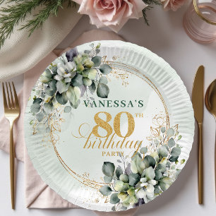 Greenery Watercolor Gold 80th Birthday Party Plate