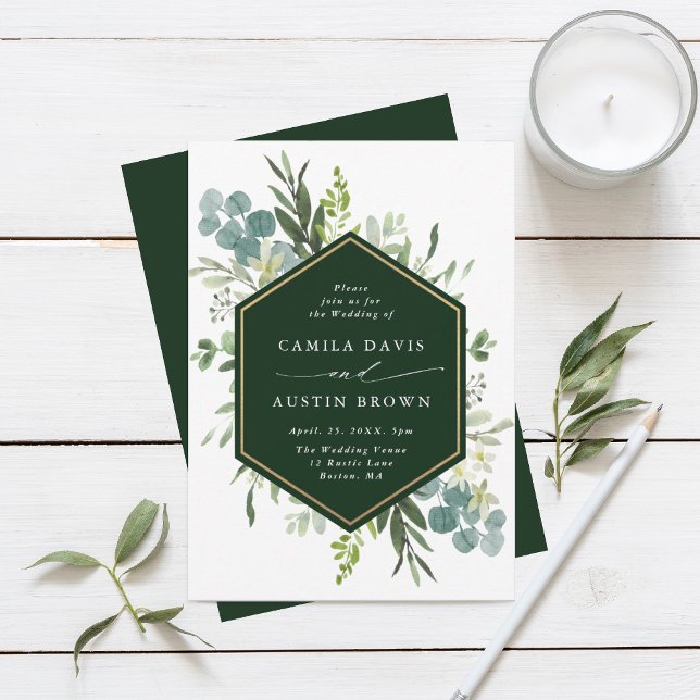 Greenery Watercolor Gold Hexagon Wedding Invitation (Creator Uploaded)