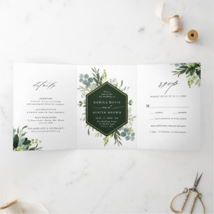 Greenery Watercolor Gold Hexagon Wedding Photo Tri-Fold Invitation
