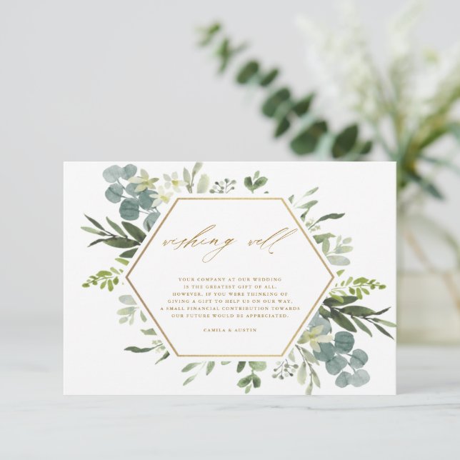 Greenery Watercolor Gold Wedding Wishing Well  Enclosure Card (Standing Front)