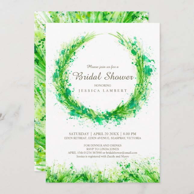 Greenery watercolor grass bridal shower invites (Front/Back)