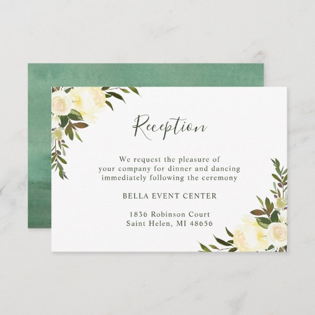 Greenery Watercolor Ivory Floral Wedding Reception Invitation (Front/Back)