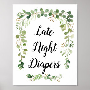 Greenery Watercolor Late Night Diapers Sign