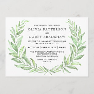 Greenery Watercolor Laurel Wreath Wedding Invitation