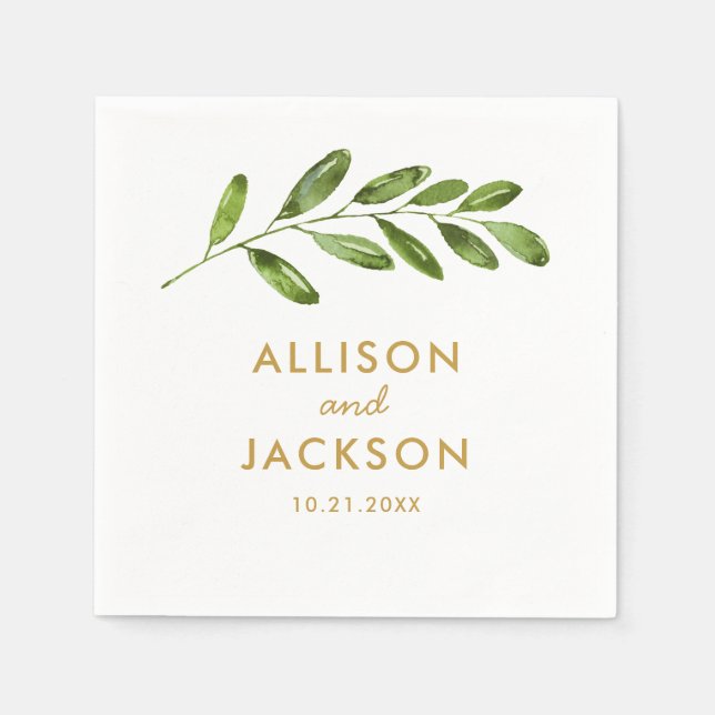 Greenery Watercolor Leaf Modern Wedding Napkin (Front)