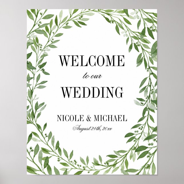 Greenery Watercolor Leaf Wreath Wedding Welcome Poster (Front)