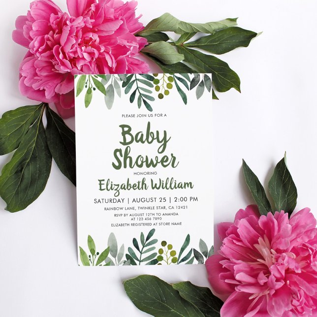 Greenery Watercolor Leaves Botanical Baby Shower Invitation (Creator Uploaded)