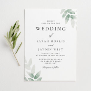 Greenery Watercolor Leaves Elegant Wedding Invitation