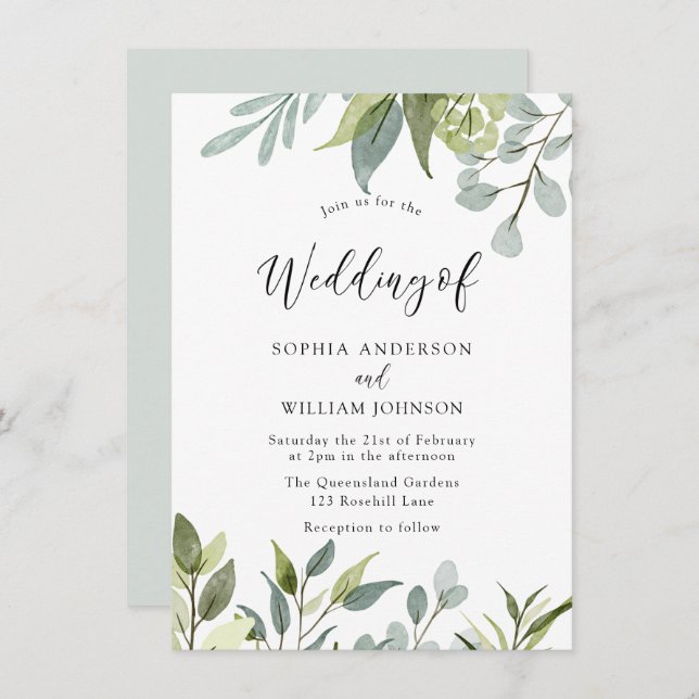 Greenery Watercolor Leaves Wedding Invitation (Front/Back)