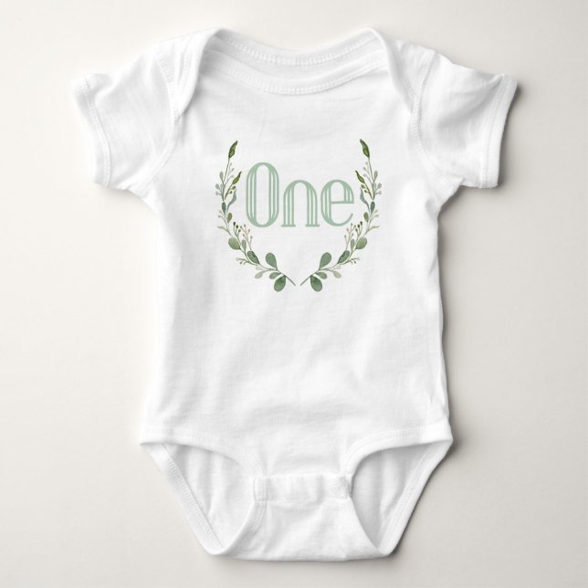 Greenery Watercolor | One Year Old | 1st Birthday Baby Bodysuit (Front)