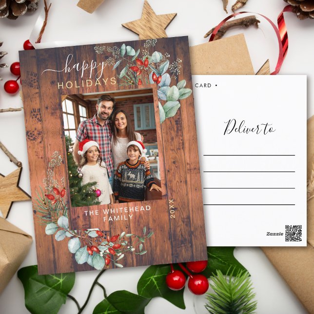 Greenery Watercolor Rustic Cherry Wood Holiday Postcard (You will love these beautiful Christmas cards! They feature botanical watercolor pine and berries.)