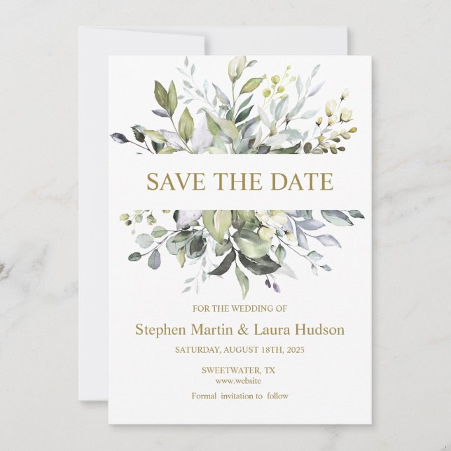 Greenery Watercolor Save The Date Invitation (Front)