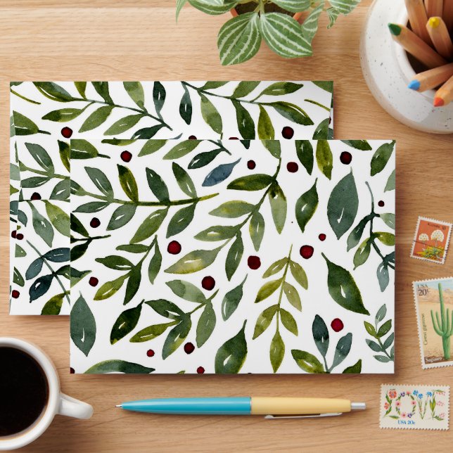Greenery watercolor seasonal branches and berries envelope (Desk)