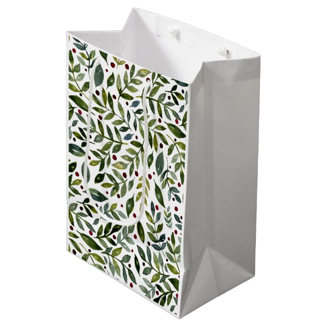 Greenery watercolor seasonal branches and berries medium gift bag (Front Angled)