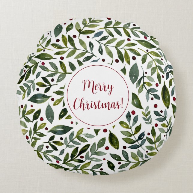 Greenery watercolor seasonal branches and berries round cushion (Front)