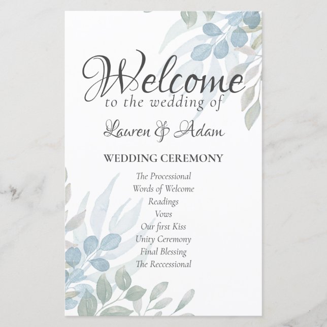 Greenery Watercolor Wedding Ceremony Program (Front)