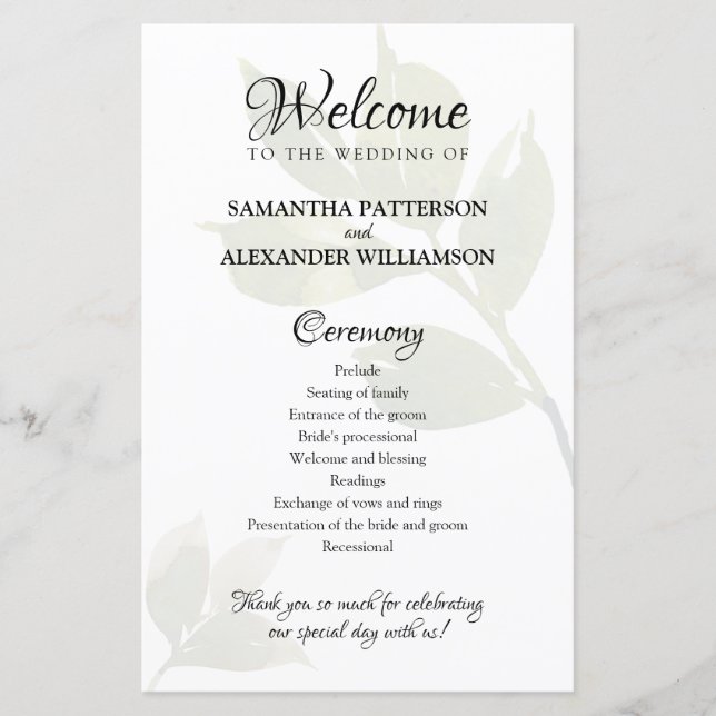 Greenery Watercolor Wedding Program Paper Sheet (Front)