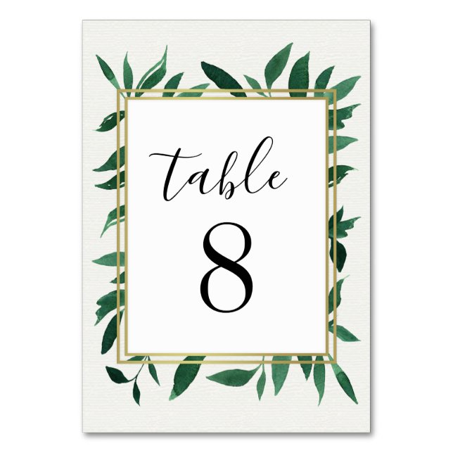 Greenery Watercolor Wedding Table Number Cards (Front)