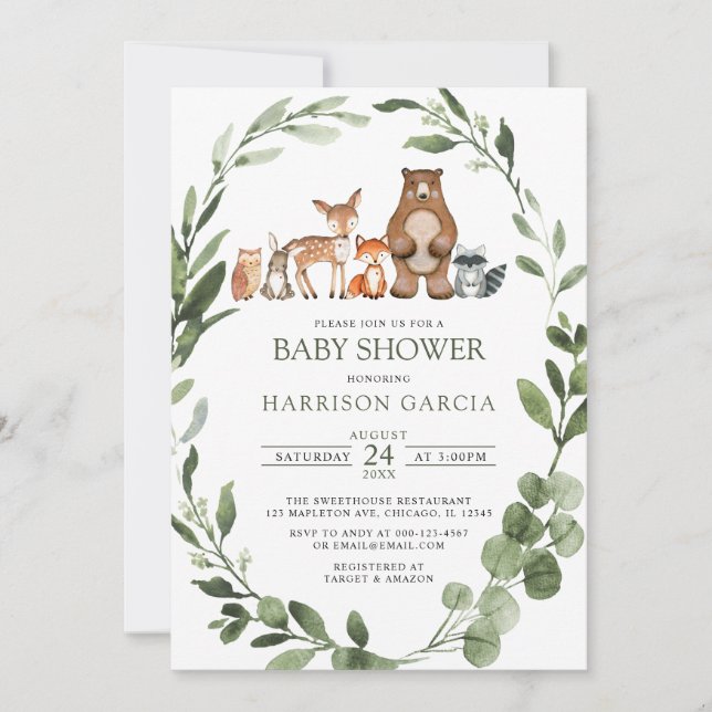Greenery Watercolor Woodland Animals Baby Shower Invitation (Front)