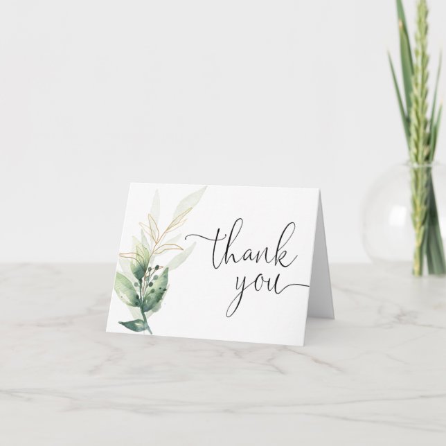 Greenery watercolors green gold leaves simple thank you card (Front)