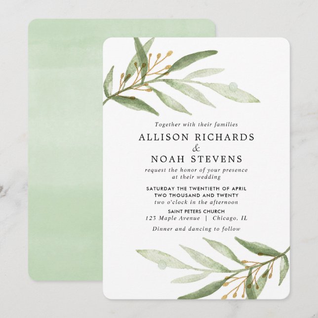 Greenery watercolors green gold leaves wedding invitation (Front/Back)