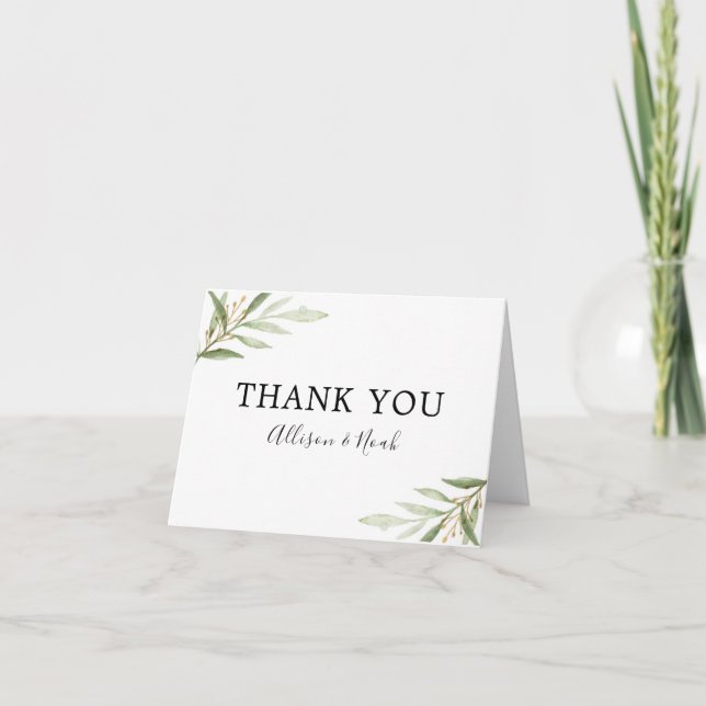 Greenery watercolors green gold leaves wedding thank you card (Front)