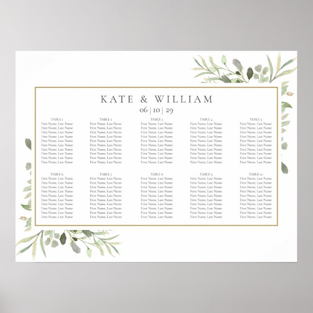 Greenery Watercolour Leaves Wedding Seating Chart (Front)