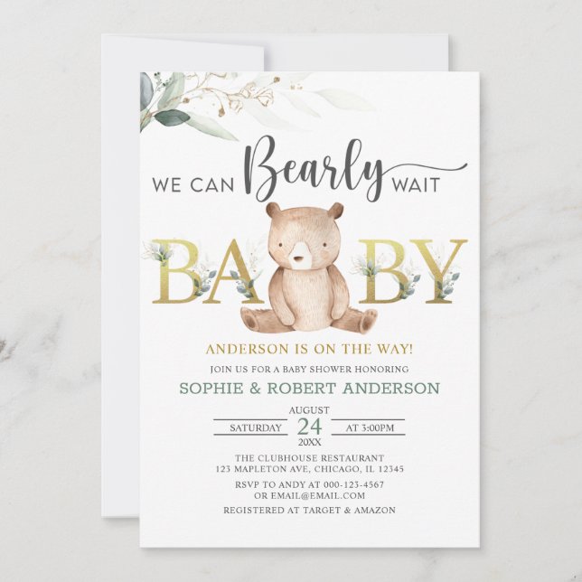 Greenery We Can Bearly Wait Teddy Bear Baby Shower Invitation (Front)
