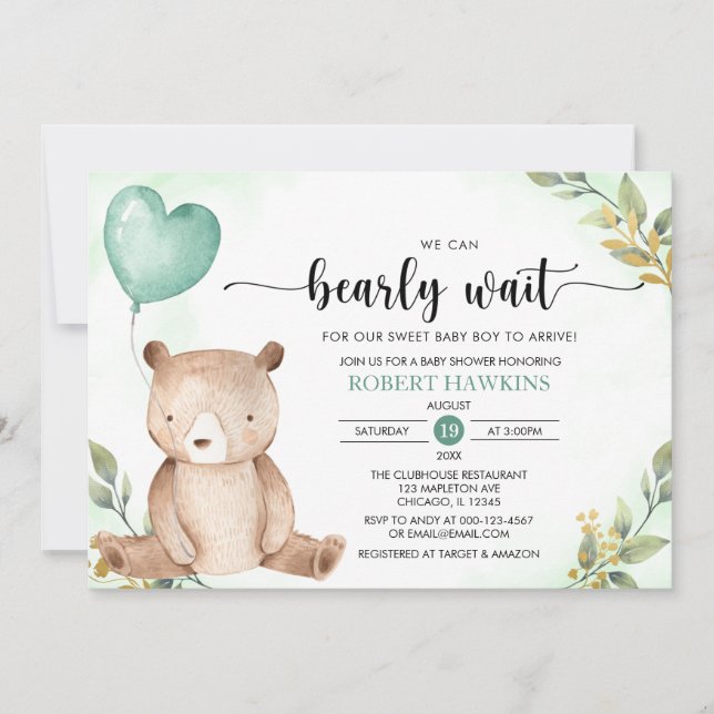 Greenery We Can Bearly Wait Teddy Bear Baby Shower Invitation (Front)