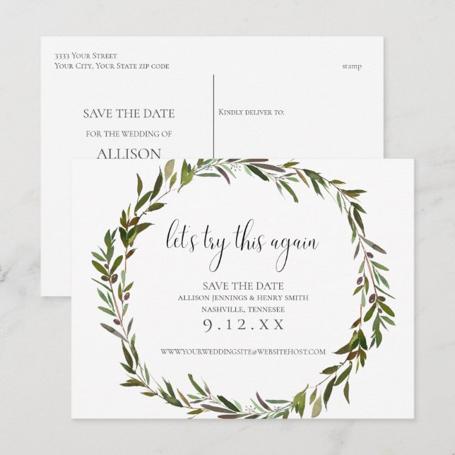 Greenery Wedding Change the Date Announcement Postcard (Front/Back)