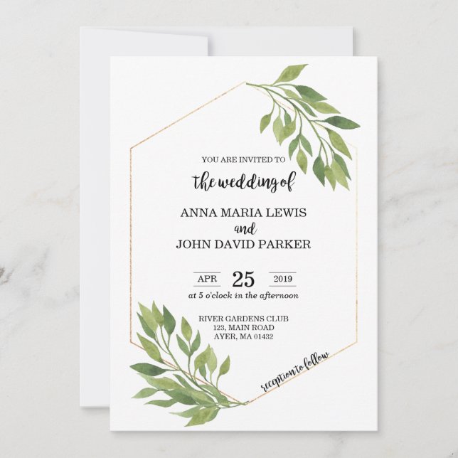 Greenery Wedding invitation card gold frame (Front)